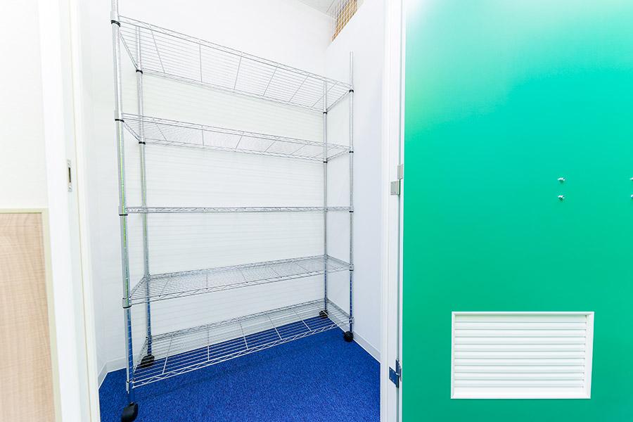 収納スペース内の奥の壁にラックが配置されている