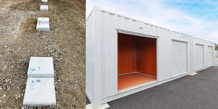 基礎ブロックとその上に固定された建築用コンテナ